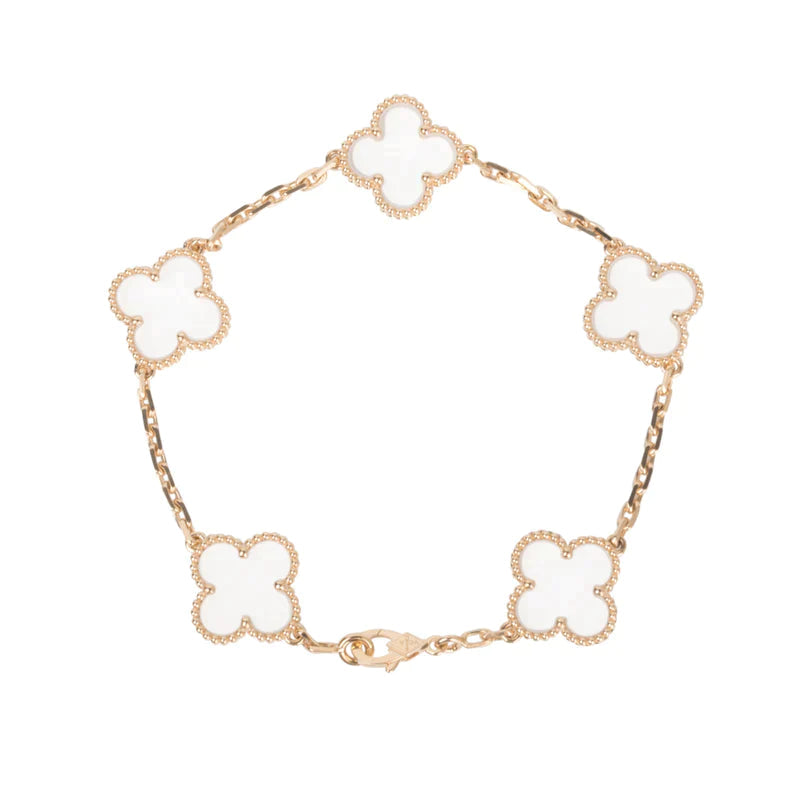 [vivabelle]CLOVER 5 MOTIF ROCK CRYSTAL PINK GOLD BRACELET