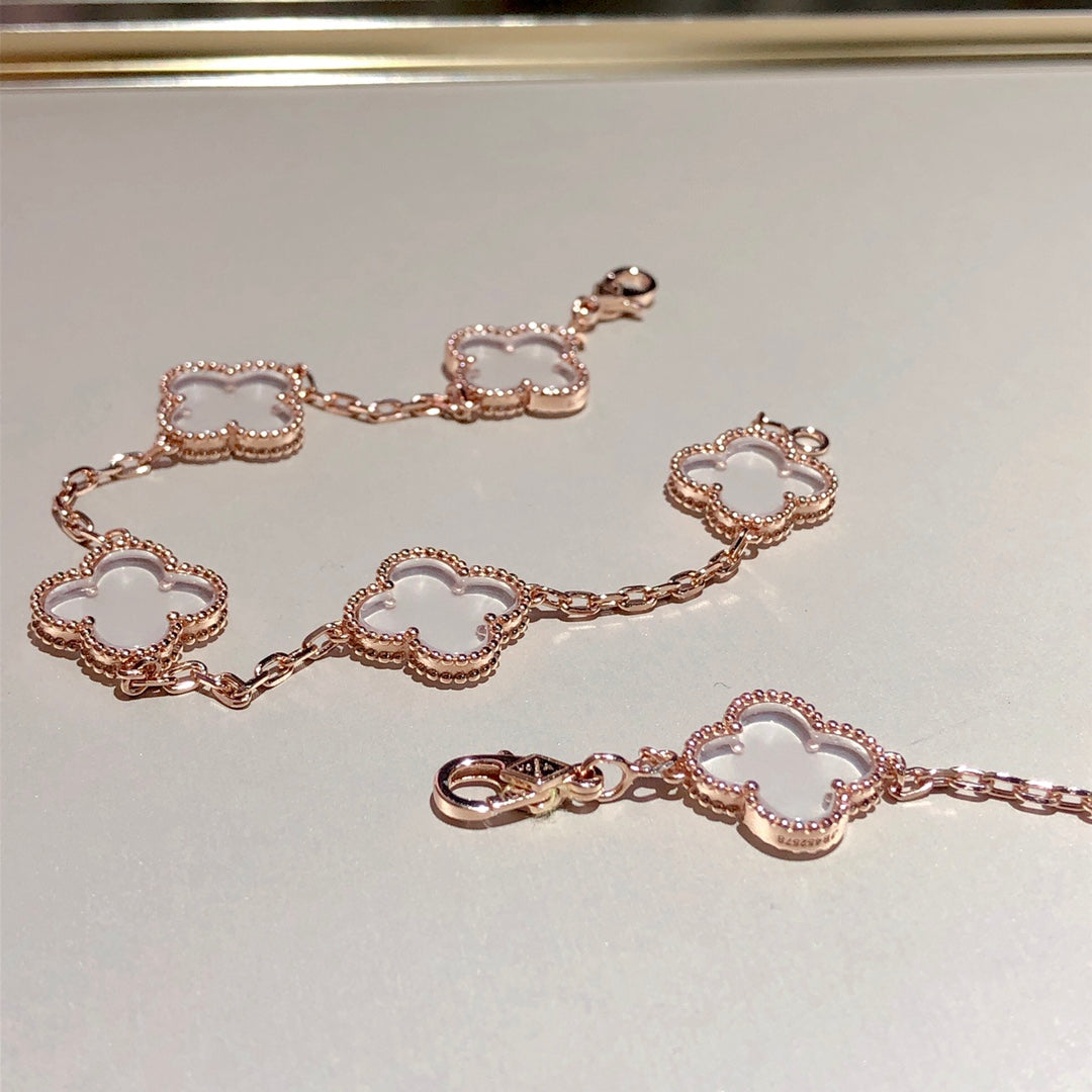 [vivabelle]CLOVER 5 MOTIF ROCK CRYSTAL PINK GOLD BRACELET