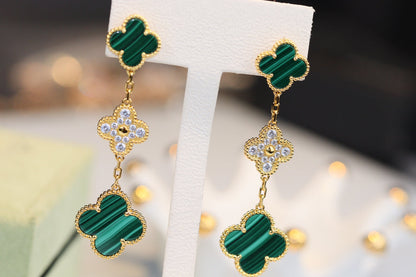 [vivabelle]CLOVER EARRINGS GOLD MALACHITE DIAMOND 3 MOTIF