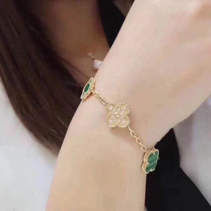 [vivabelle]CLOVER  5 MOTIF MALACHITE DIAMOND BRACELET