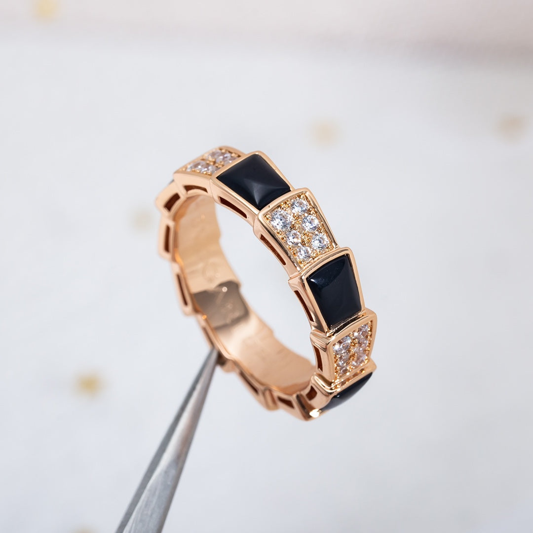 [vivabelle]SERPENTI RING PINK GOLD BLACK MOP DIAMOND PAVED 4MM