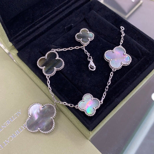 [vivabelle]CLOVER 5 MOTIFS SIVLER DARK MOP BRACELET
