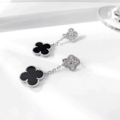 [vivabelle]CLOVER 2 MOTIFS  DIAMOND ONYX EARRINGS SILVER
