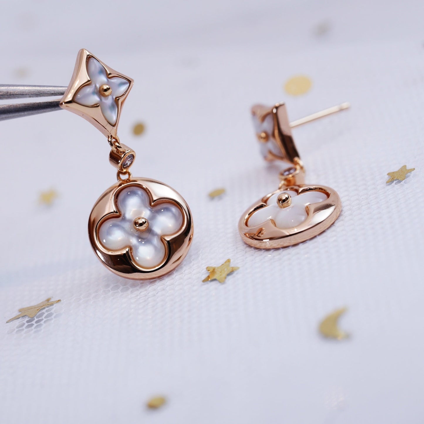 [vivabelle]STAR AND SUN PINK GOLD MOP DROP EARRINGS