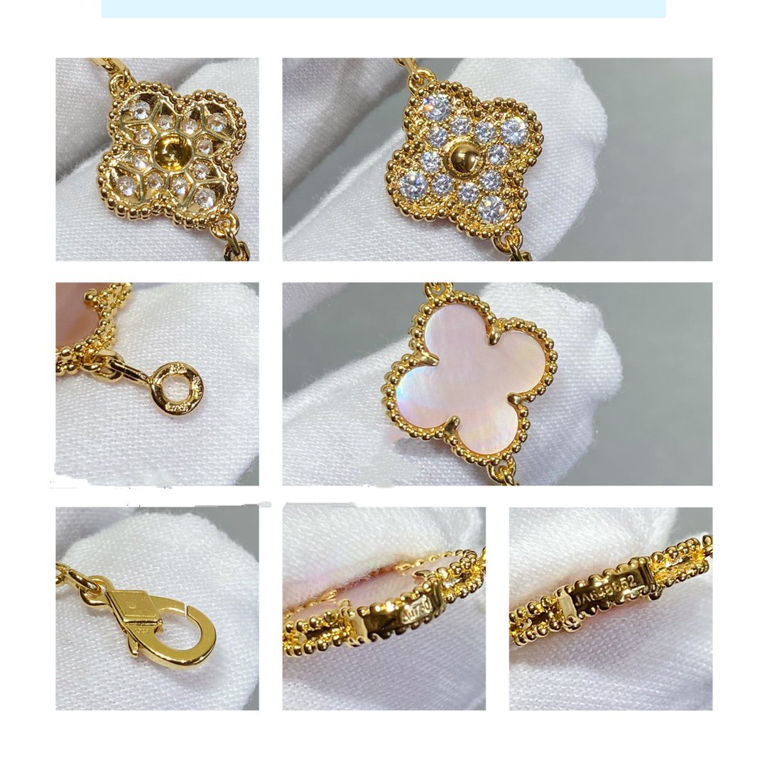 [vivabelle]CLOVER 5 MOTIF DIAMOND PINK MOP PINK GOLD BRACELET