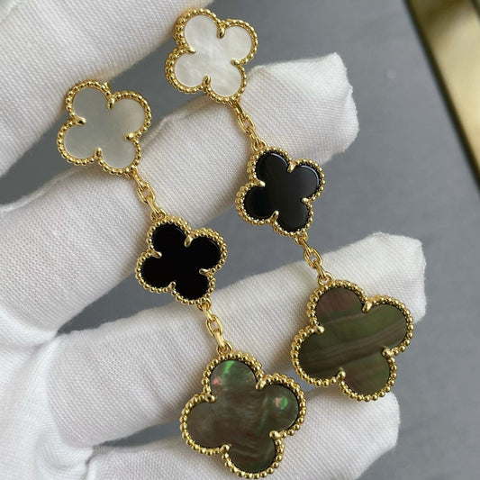 [vivabelle]CLOVER 3 MOTIF MOP ONYX DARK MOP PINK GOLD EARRINGS