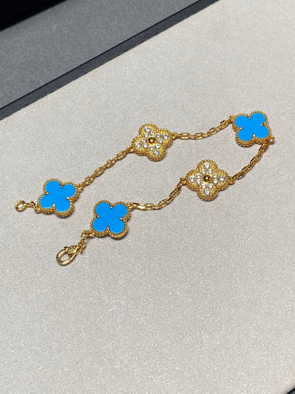 [vivabelle]CLOVER 5 MOTIF BLUE CHALCEDONY DIAMOND GOLD BRACELET