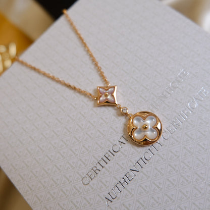 [vivabelle]STAR AND SUN WHITE MOP 2 MOTIF PINK GOLD NECKLACE