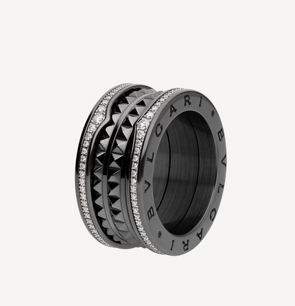 [vivabelle]ZERO 1 ROCK FOUR-BAND BLACK CERAMIC WITH STUDDED SPIRAL AND PAVED DIAMONDS RING