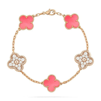 [vivabelle]CLOVER 5 MOTIF DIAMOND PINK MOP PINK GOLD BRACELET
