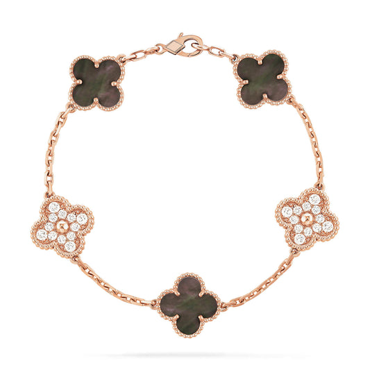 [vivabelle]CLOVER 5 MOTIFS DARK MOP AND DIAMONDS PINK GOLD BRACELET
