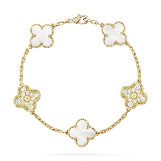 [vivabelle]CLOVER BRACELET 5 MOTIF WHITE MOP DIAMOND