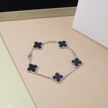 [vivabelle]CLOVER 5 MOTIF ONYXS  BRACELET SILVER