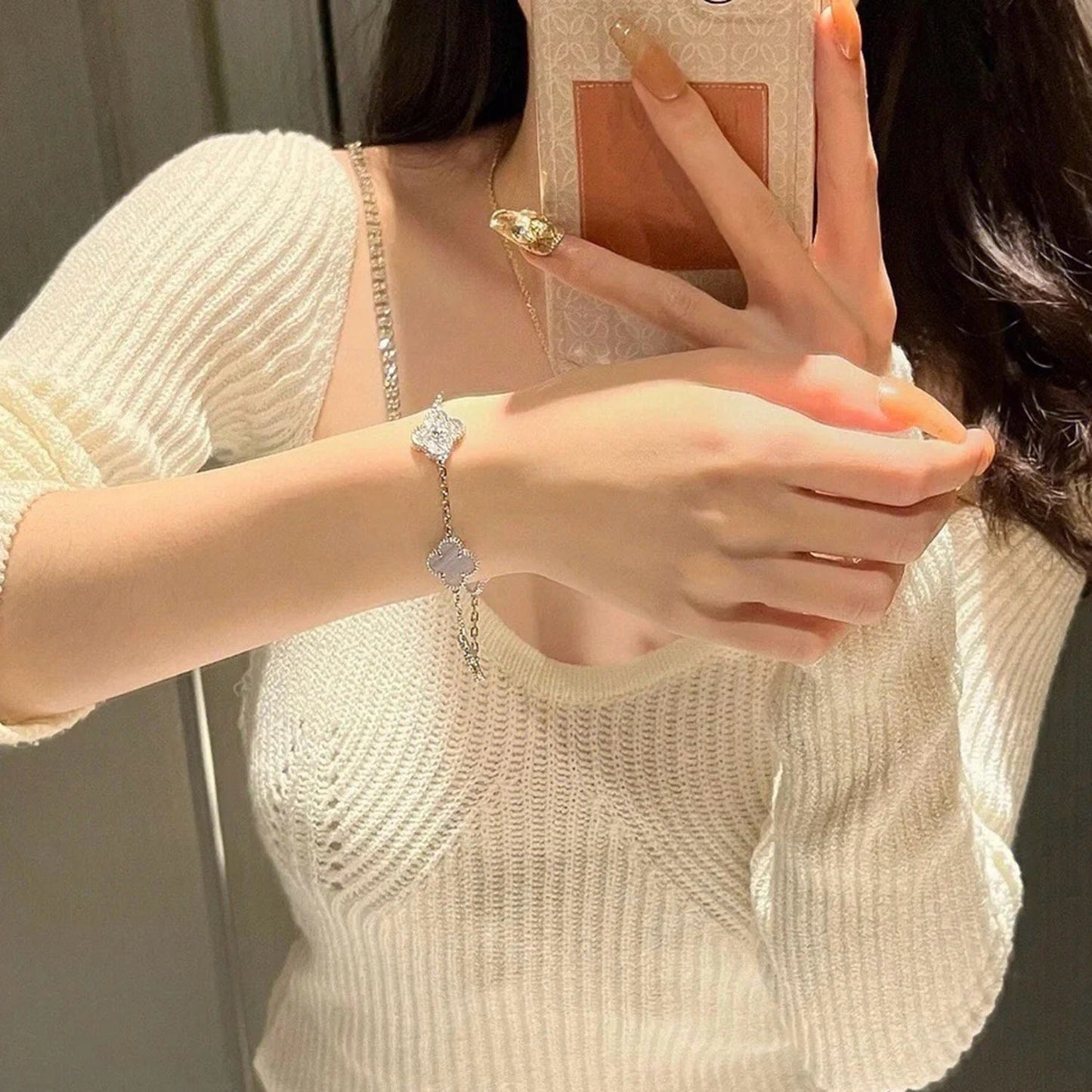 [vivabelle]CLOVER  5 MOTIF DIAMOND PURPLE CHALCEDONY BRACELET SILVER