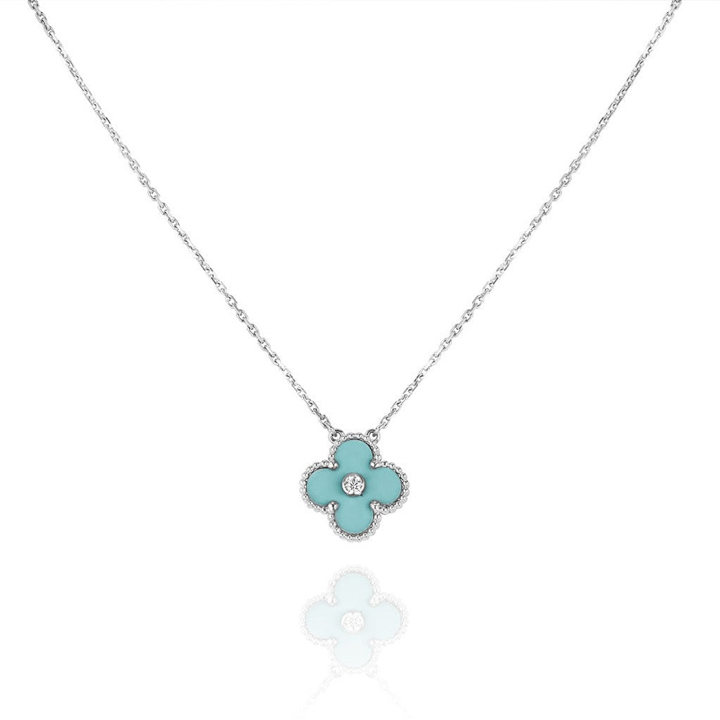 [vivabelle]CLOVER 1 DIAMOND LIGHT BLUE SILVER NECKLACE