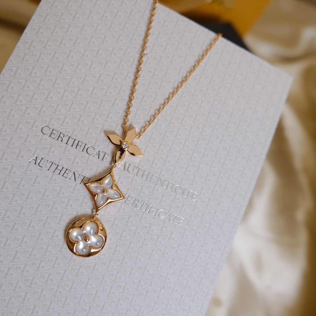 [vivabelle]COLOR BLOSSOM LARIAT NECKLACE PINK GOLD WHITE MOTHER PEARL AND DIAMOND