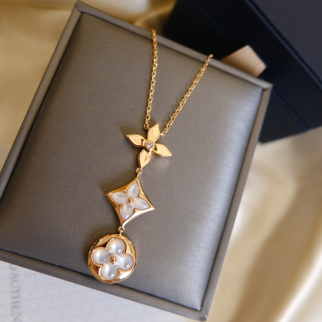 [vivabelle]COLOR BLOSSOM LARIAT NECKLACE PINK GOLD WHITE MOTHER PEARL AND DIAMOND