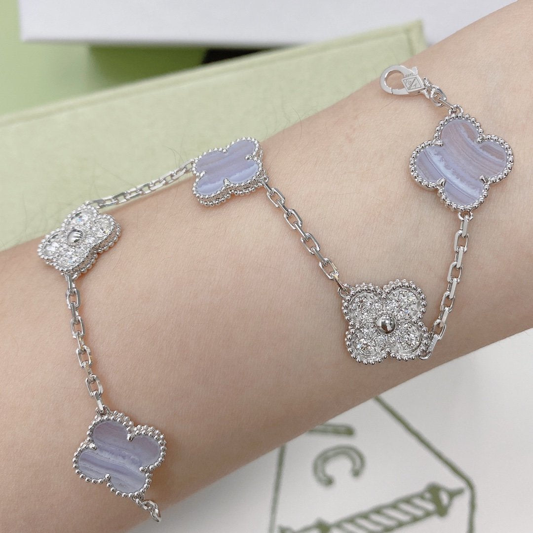 [vivabelle]CLOVER  5 MOTIF DIAMOND PURPLE CHALCEDONY BRACELET SILVER