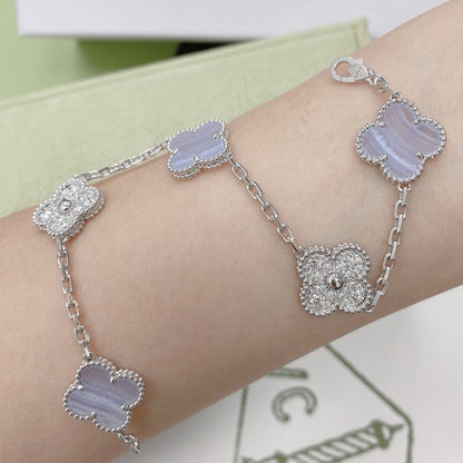 [vivabelle]CLOVER  5 MOTIF DIAMOND PURPLE CHALCEDONY BRACELET SILVER