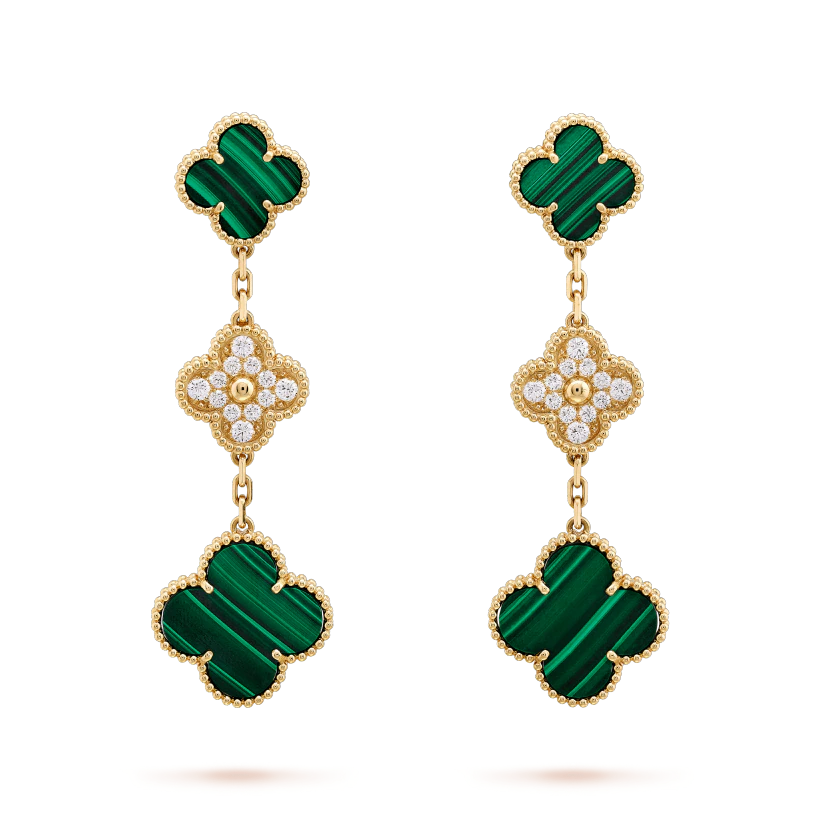 [vivabelle]CLOVER EARRINGS GOLD MALACHITE DIAMOND 3 MOTIF
